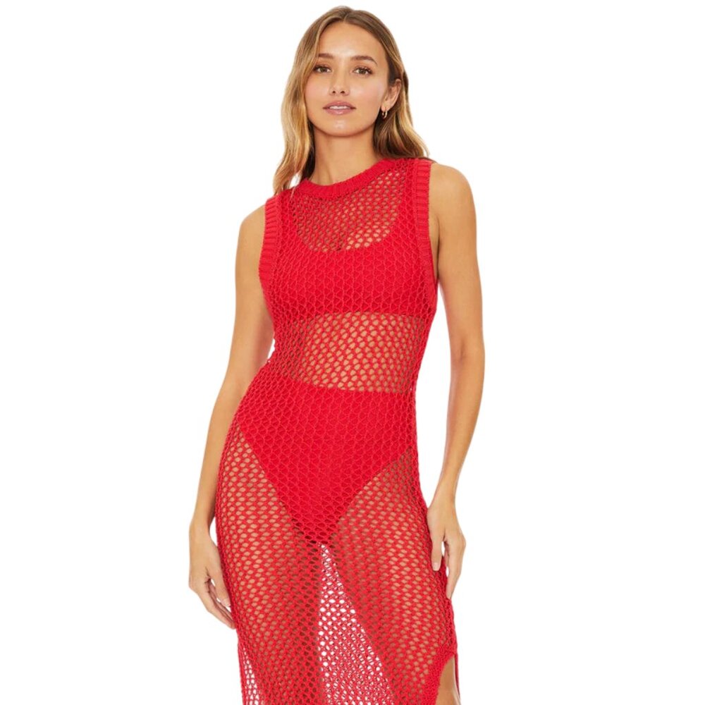 Beach Riot Women's Open Knit Crochet Holly Dress Open Back Detail Red SZ M NWOT